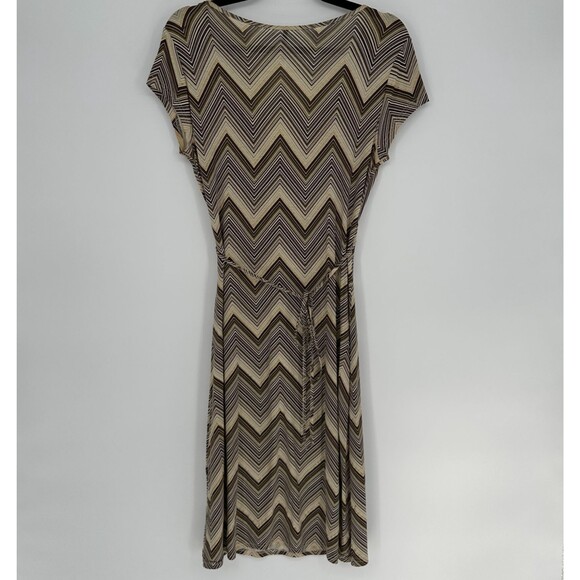 Naf Naf Womens Faux Wrap Midi Dress Size M Chevron Neutral Retro Office Stretch - Picture 2 of 9